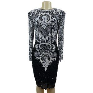 Vintage Sweet Lo Women’s Black and White Beaded Sequin Long Sleeve Dress Sz M